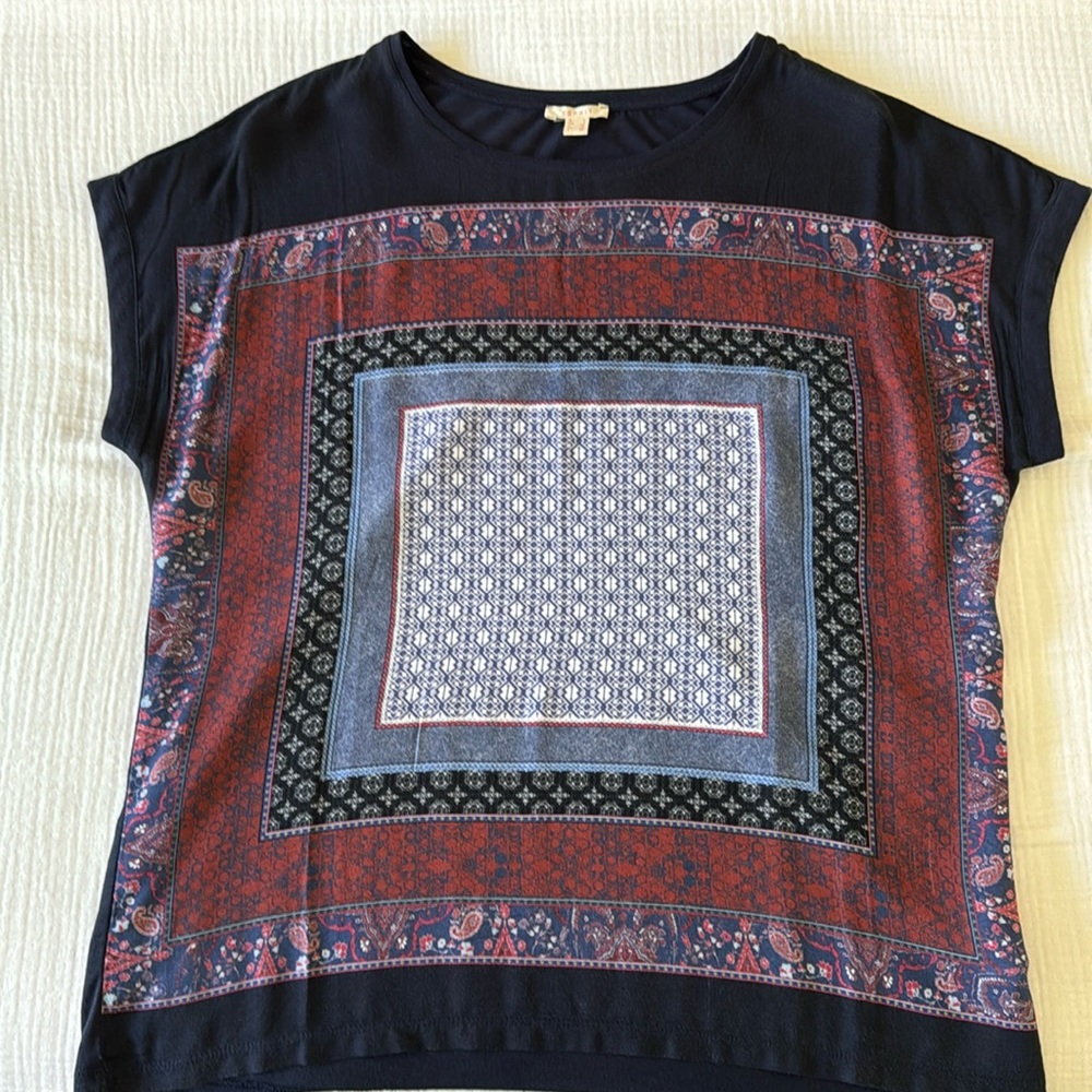 Women’s top, navy blue with bandana design on front. Size L.